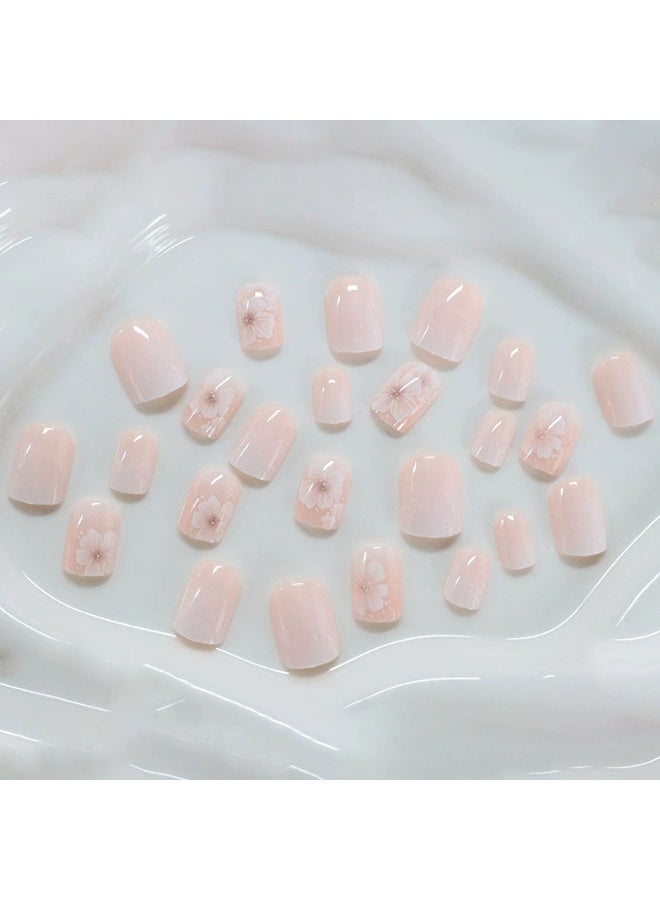 Goolsky أظافر ضغط مربعة قصيرة فاخرة بتدرج وردي وزهور بيضاء من النقاط للانتعاش والمرح - Image 3