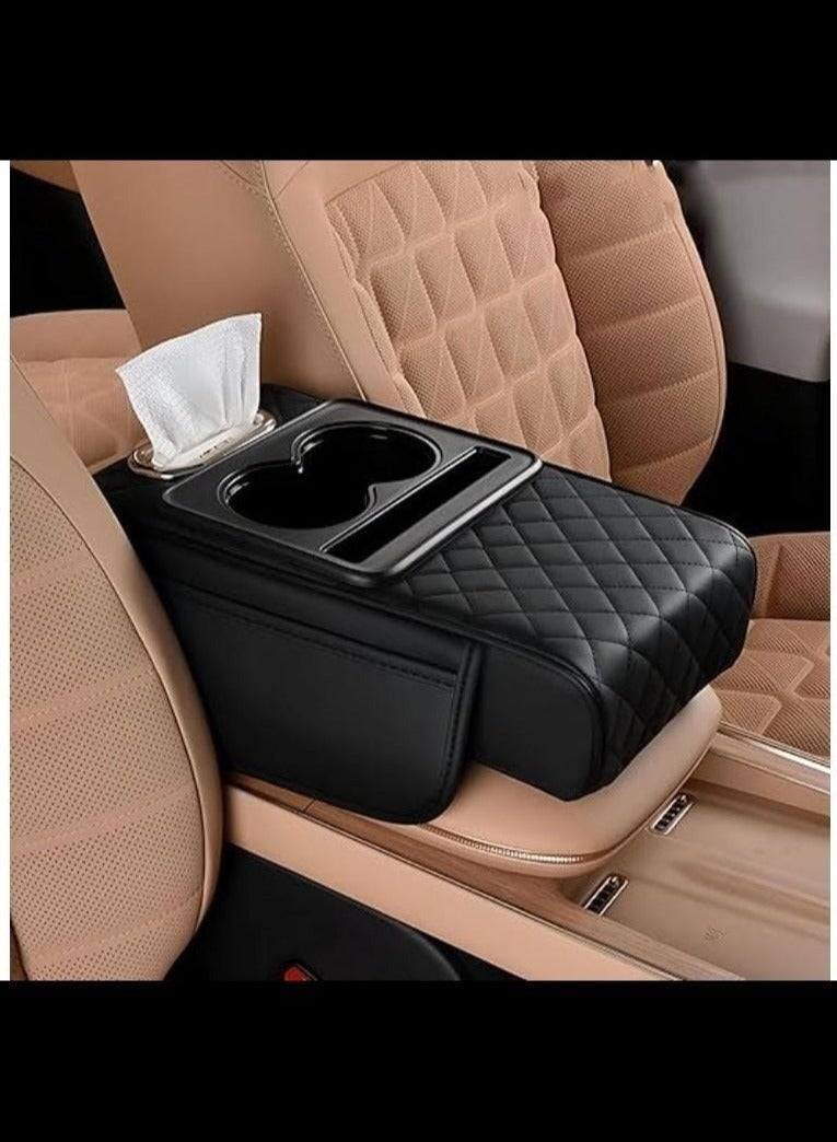 Armrest Pillow (Black) Thick comfortable pillow with cup holder and napkins for car console and center armrest, multi-colored organizing bag and double cup holders - Image 1
