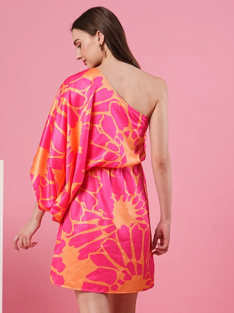 جلو باص Women Print One Shoulder Batwing Sleeve Satin A-Line Dress