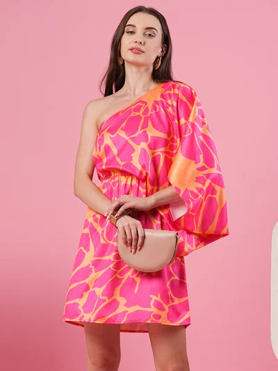جلو باص Women Print One Shoulder Batwing Sleeve Satin A-Line Dress