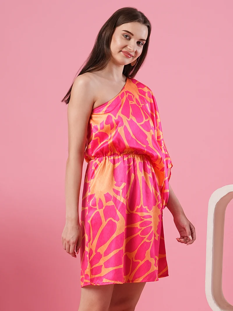 جلو باص Women Print One Shoulder Batwing Sleeve Satin A-Line Dress
