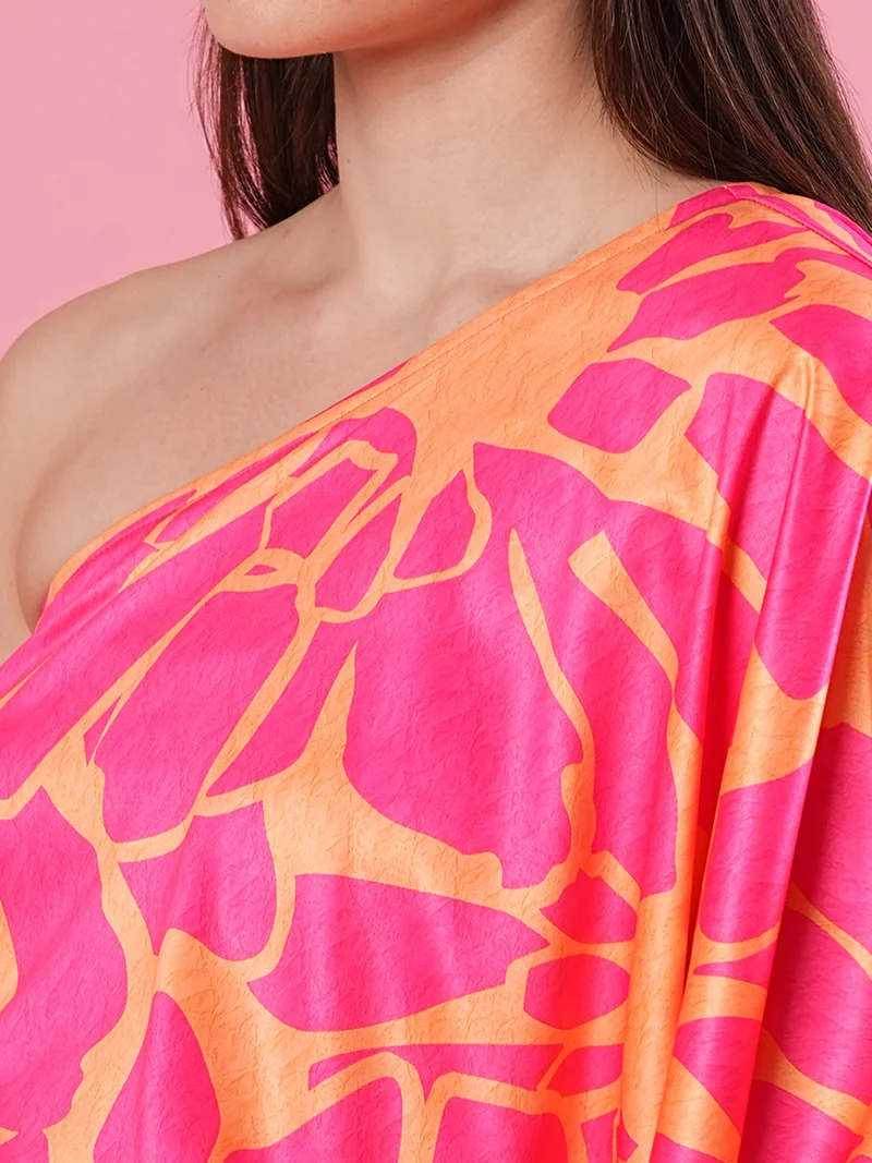 جلو باص Women Print One Shoulder Batwing Sleeve Satin A-Line Dress