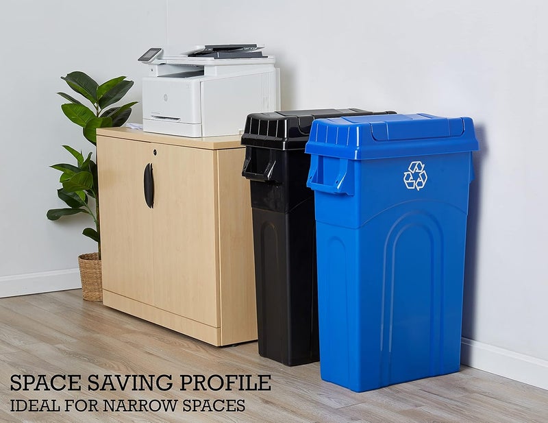 United Solutions 23 Gallon Highboy Plastic Recycling Bin Kitchen Trash Can with Lid, Pass Through Handles, and Dustpan Edge, Blue - Image 3