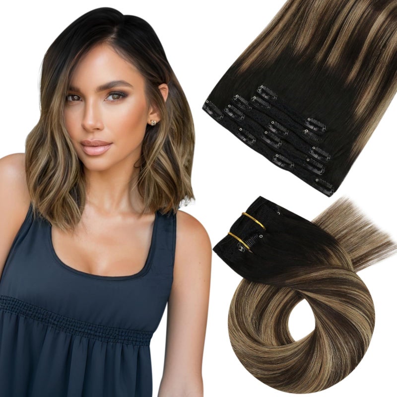 Moresoo Black to Brown Ombre Clip in Hair Extensions Real Human Hair Balayage Natural Black to Medium Brown with Dark Blonde Hair Clip Extensions for Women Short Double Weft 80g5pcs 14 inch