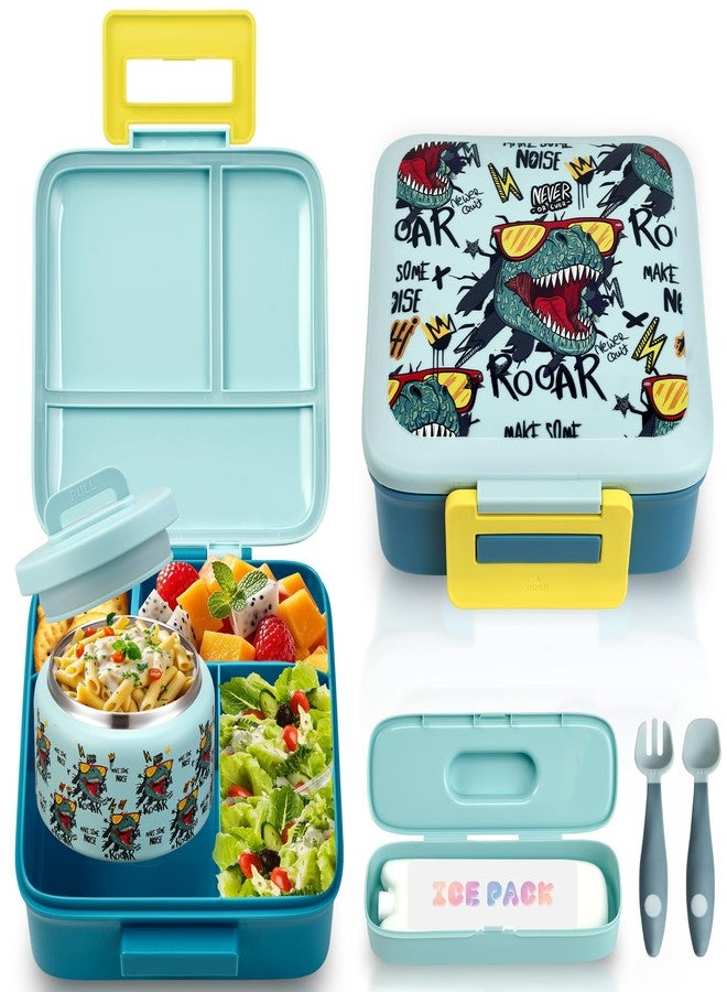 PIQUEBAR Bento Lunch Box for Kids with 8oz Soup Thermo Leak-Proof Lunch Food Containers with Snack Sauce Container for Kid Toddler Girls Boys to School (Screaming Dinosaur) - Image 1