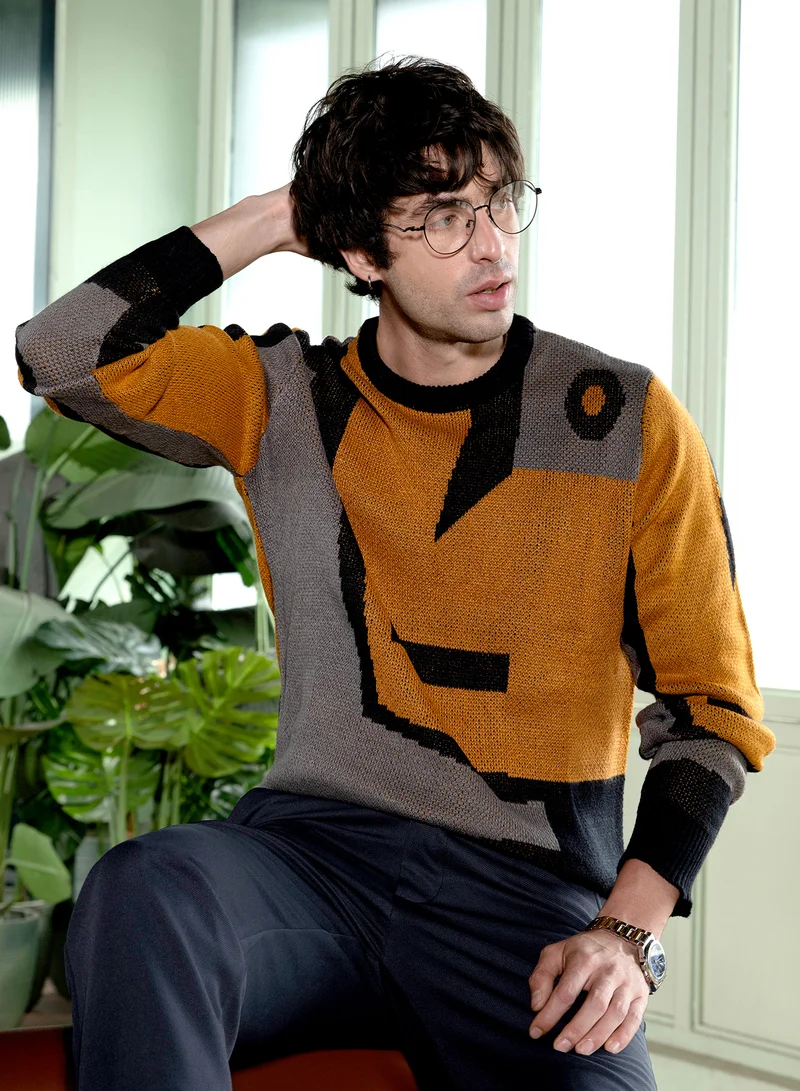 كامبوس سوترا Men Abstraction-Jacquard Pullover Sweater | Round Neck, Long Ribbed-Cuff Sleeves | Pull On , Ribbed-Straight Hem | Abstract Jacquard Knitted Fabric For Casual & Daily Wear | Multicolour