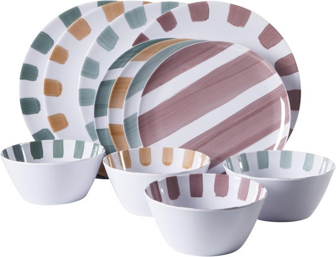 COTTAGE STRIPES 12 PIECE UNBREAKABLE MELAMINE PLATES AND BOWLS DINNERWARE SET OUTDOOR CAMPING EVERYDAY USE ASSORTED COLORS