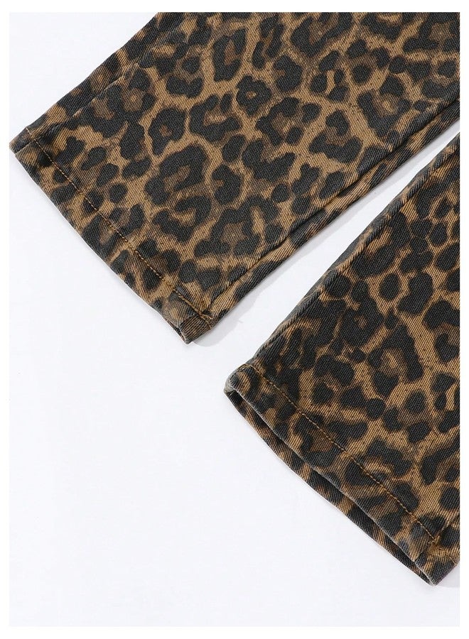 Verdusa Girl's Leopard Print Wide Leg Jeans Drawstring High Waisted Denim Pants Baggy Trousers Brown 5Y - Image 5