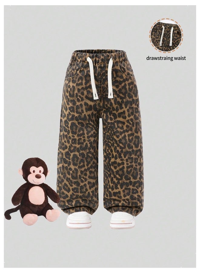 Verdusa Girl's Leopard Print Wide Leg Jeans Drawstring High Waisted Denim Pants Baggy Trousers Brown 5Y - Image 3