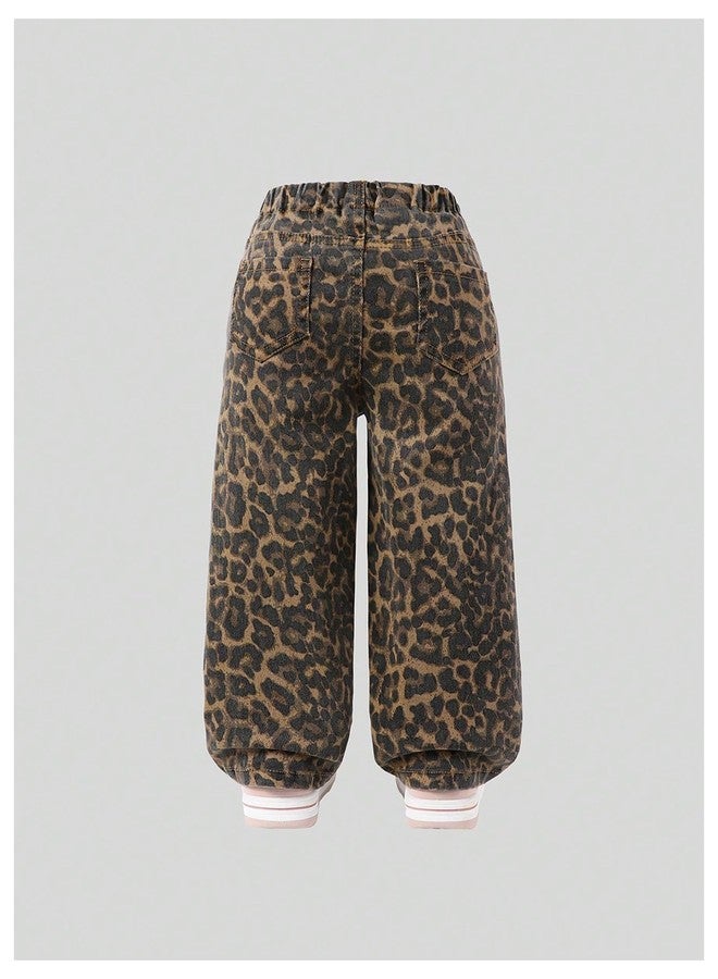 Verdusa Girl's Leopard Print Wide Leg Jeans Drawstring High Waisted Denim Pants Baggy Trousers Brown 5Y - Image 2