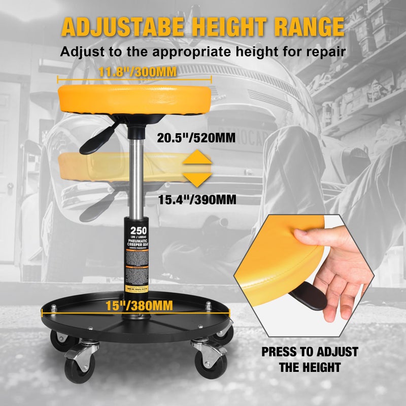 YELLOW JACKET Rolling Mechanic Stool with Wheels Pneumatic Garage Shop Seat Adjustable Height Roller Mechanics Creeper Chair with Tool Tray for Auto Repair - Image 3