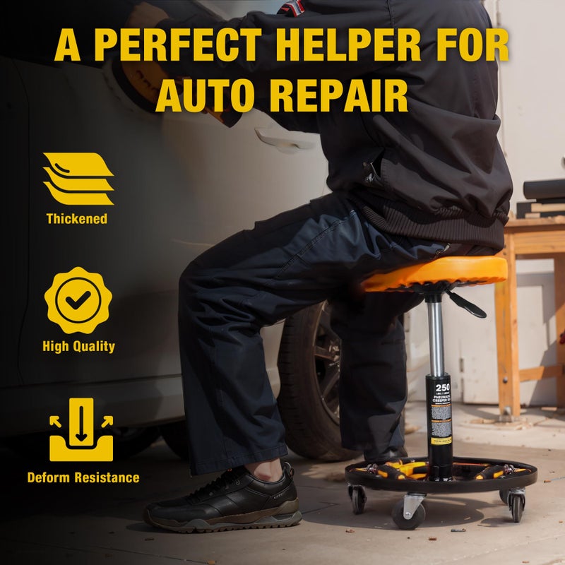 YELLOW JACKET Rolling Mechanic Stool with Wheels Pneumatic Garage Shop Seat Adjustable Height Roller Mechanics Creeper Chair with Tool Tray for Auto Repair - Image 2
