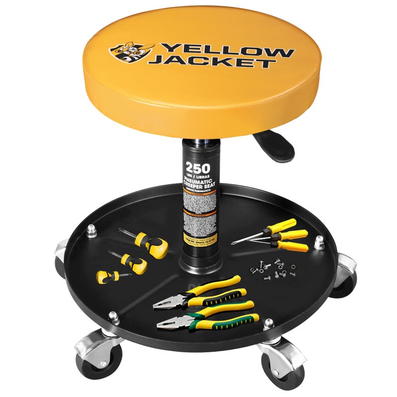 YELLOW JACKET Rolling Mechanic Stool with Wheels Pneumatic Garage Shop Seat Adjustable Height Roller Mechanics Creeper Chair with Tool Tray for Auto Repair - Image 1