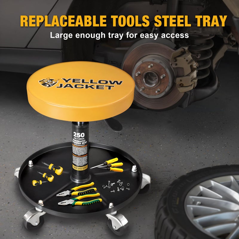 YELLOW JACKET Rolling Mechanic Stool with Wheels Pneumatic Garage Shop Seat Adjustable Height Roller Mechanics Creeper Chair with Tool Tray for Auto Repair - Image 5