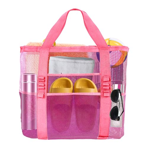 Yunaeduo Extra Large Mesh Beach Bag Lightweight Foldable Family Beach Bag with 9 Pockets for Toys Towels Vacation Essentials Pink - Image 1