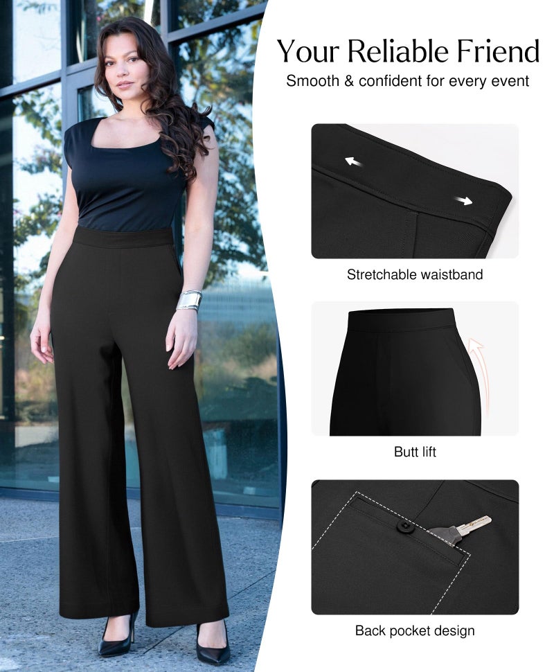 Popilush Trousers Pants for Women High Waisted Dress Pants Work Office Wide Leg Trousers with Pockets Business Casual Outfits Black - Image 5