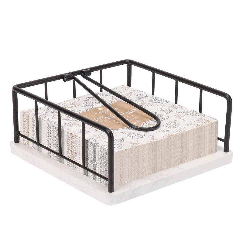 Livabber Flat Napkin Holder Metal Kitchen Napkin Storage with Weighted Tension Arm Rustic Tissue Paper Dispenser for Countertop Table Kitchen Dining Room With Marble Base Black