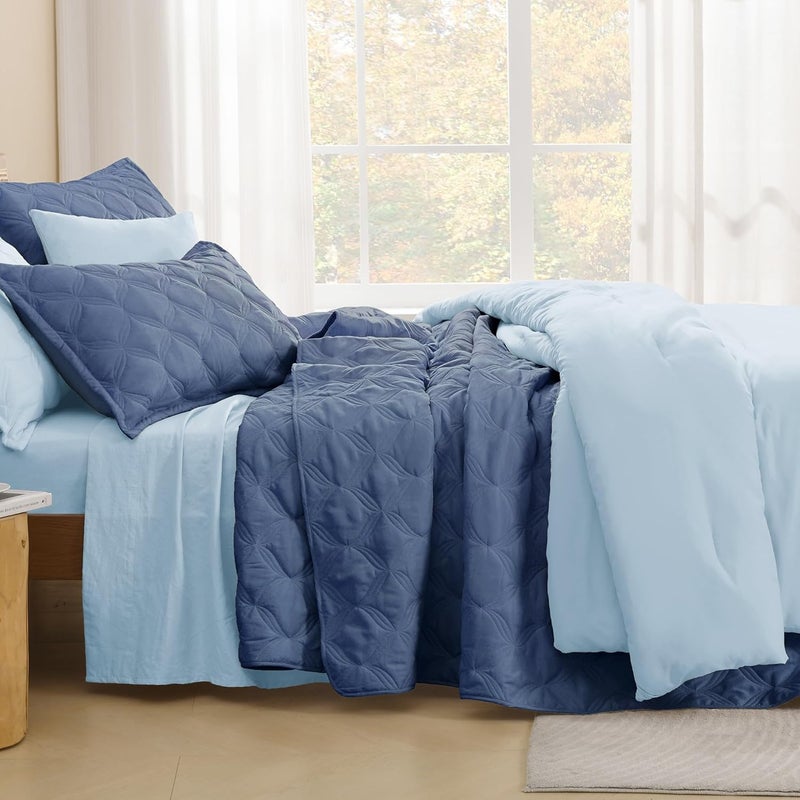 Litanika King Size Quilt Bedding Set, Ocean Blue Summer Lightweight Soft Comforter Bedspreads & Coverlets, Boho Farmhouse Bedding Cover Bed Decor All Season, 3 Pieces (1 Quilt & 2 Pillowcases) - Image 3
