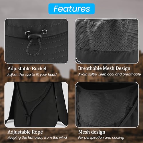 Homeaura Nylon Mens Sun Hat Wide Brim Summer Sun Cap UV Protection Fishsing Hat Foldable Bucket Hat Outdoor Black - Image 4