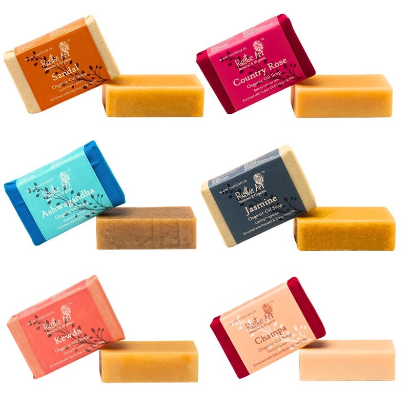 Rustic Art Organic Soaps Gift Set Pack of 6 Soaps Sandal Jasmine Champa Kewda Country Rose Ashwagandha Soaps Fragrance of India - Image 1