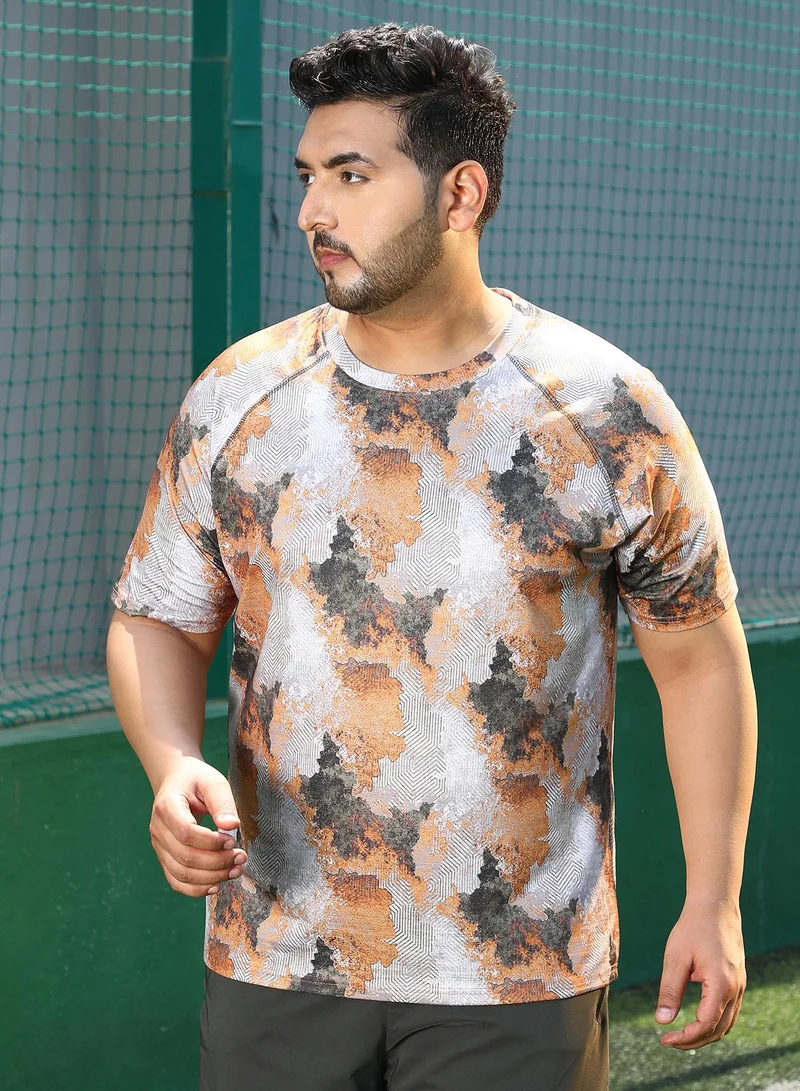 انستافاب بلس تيشيرت رجالي Instafab Plus مطبوع بألوان أسود فحمي وبرتقالي صدئ للملابس الرياضية الكاجوال | مقاس كبير | ياقة دائرية | أكمام قصيرة