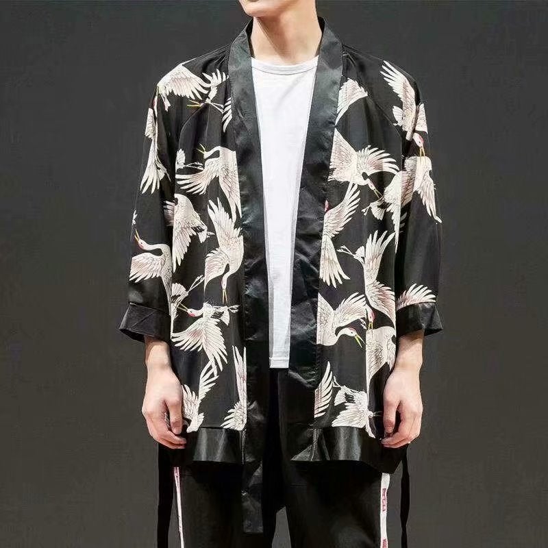 Trendy Korean Summer Mens Open Cardigan with Dragon Print 02 Golden Crane 