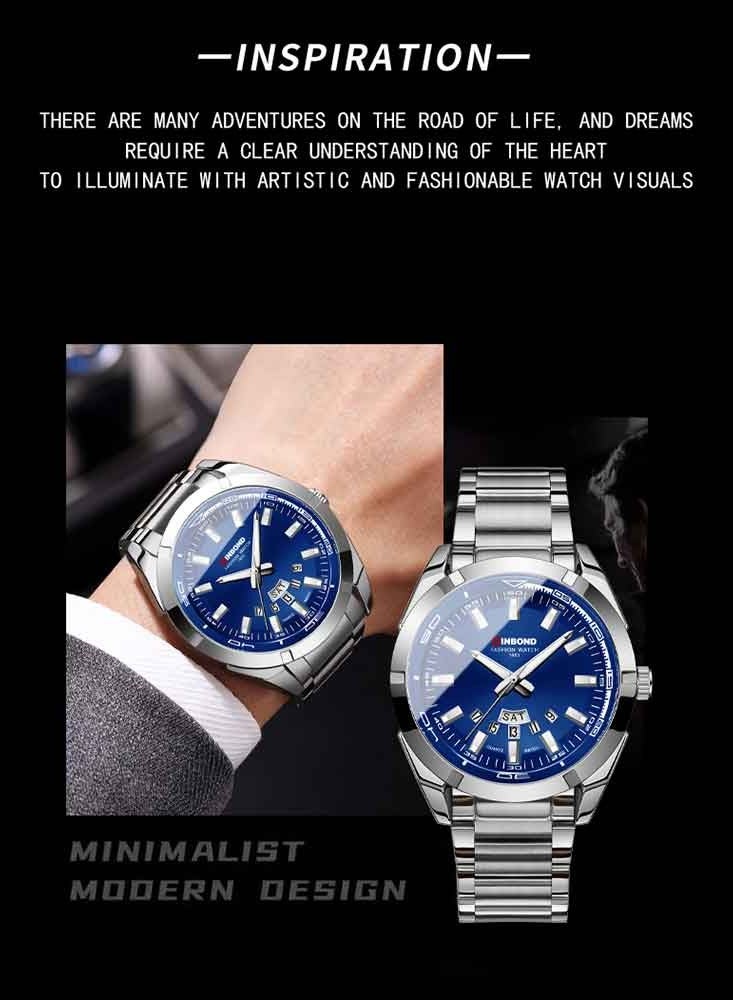 بينبوند ساعة رجالية كوارتز فولاذية مضيئة بعلامة تجارية، ساعة رياضية كاجوال، ساعة عمل مقاومة للماء - Image 3