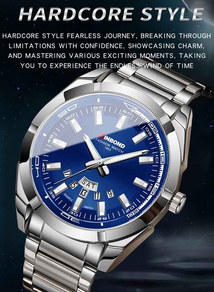 بينبوند ساعة رجالية كوارتز فولاذية مضيئة بعلامة تجارية، ساعة رياضية كاجوال، ساعة عمل مقاومة للماء - Image 2