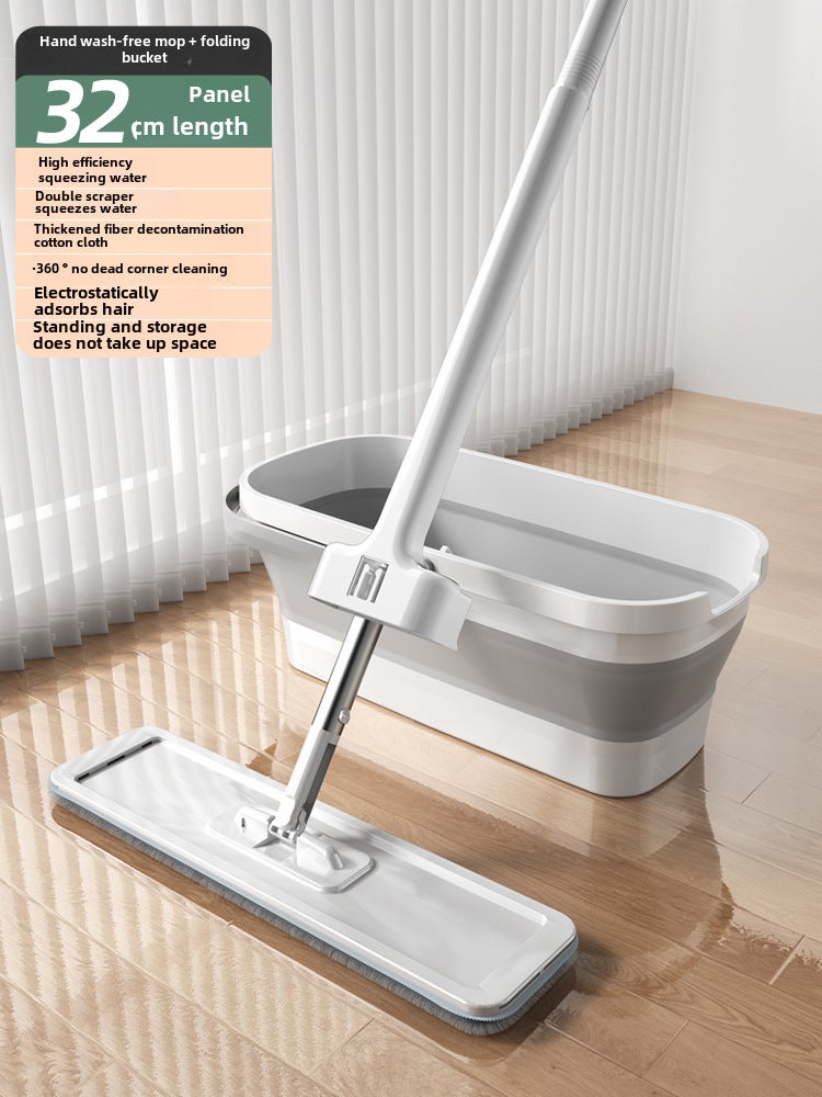 Hands-Free Flat Mop Dry Wet Dual-Use White 32cm + folding bucket White 32cm + folding bucket