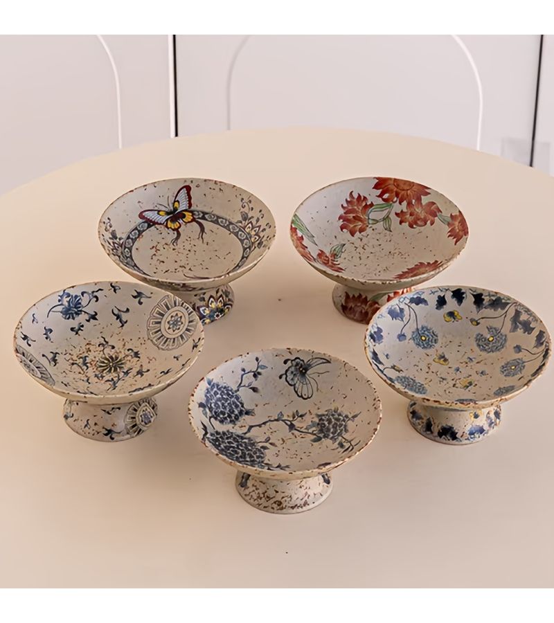 Blue And White Twigs Vintage Floral Gilded Pedestal Tray For Home Decor Living Dining Room Party - Image 2
