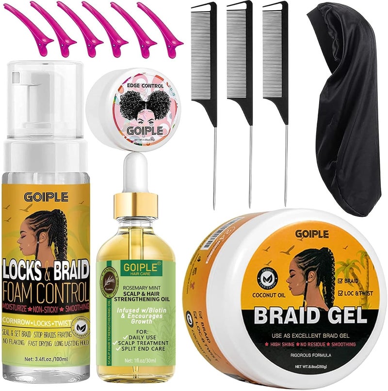 Goiple Strong Hold Extra Hold Braiding Gel & Edge Tamer - Tames Frizz, Smoothing Mousse for Twists, Locs, Braids, Cornrows (with Hair Oil, Hair Combs, Bonnet, and Clips) - Image 1
