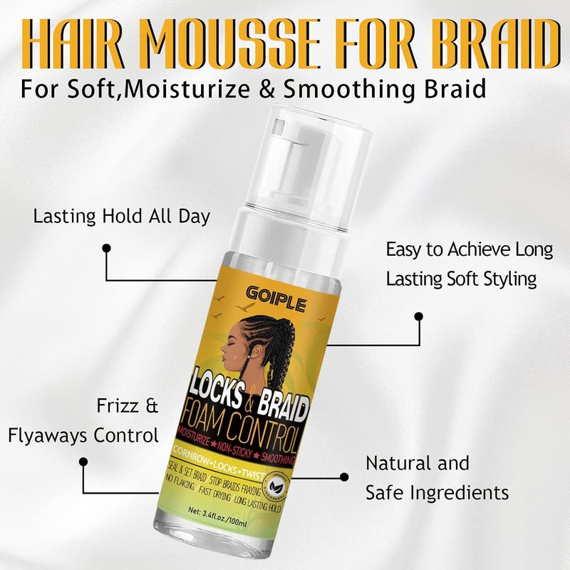 Goiple Strong Hold Extra Hold Braiding Gel & Edge Tamer - Tames Frizz, Smoothing Mousse for Twists, Locs, Braids, Cornrows (with Hair Oil, Hair Combs, Bonnet, and Clips) - Image 2