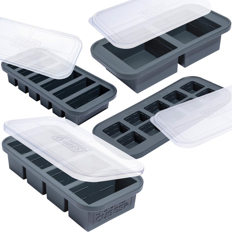 Souper Cubes Silicone Freezer Molds Gift Set with 2 Tbsp, 1/2, 1, and 2 Cup Silicone Freezer Trays With Lids - Meal Prep and Kitchen Essentials Bundle - Charcoal - Image 1