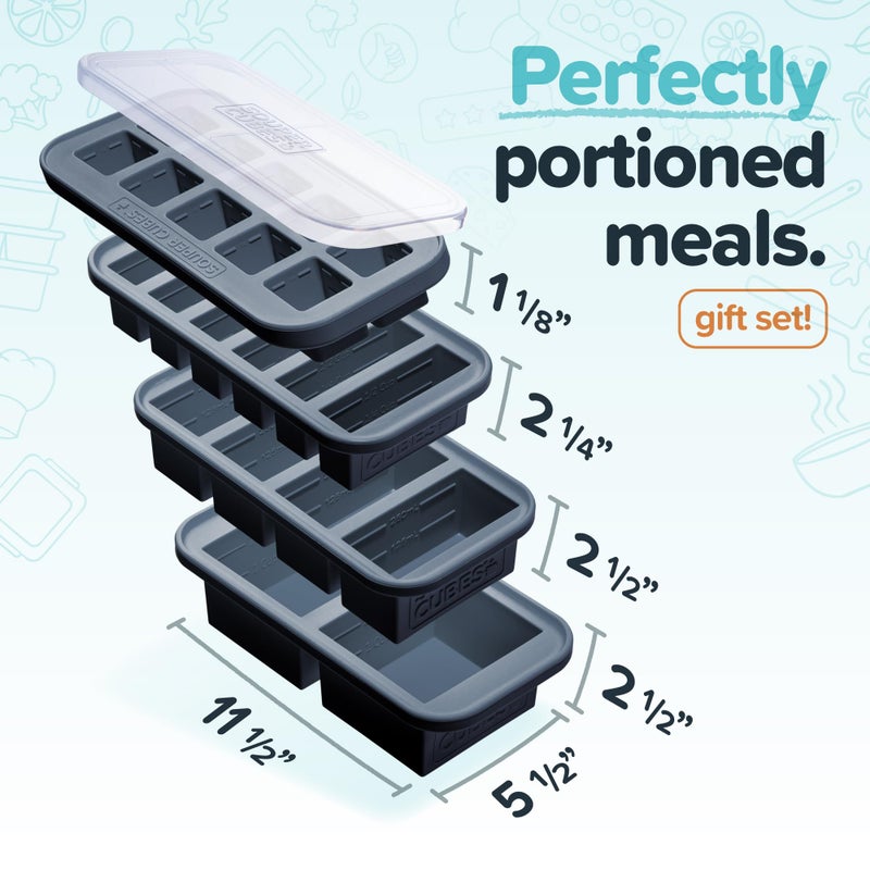 Souper Cubes Silicone Freezer Molds Gift Set with 2 Tbsp, 1/2, 1, and 2 Cup Silicone Freezer Trays With Lids - Meal Prep and Kitchen Essentials Bundle - Charcoal - Image 2