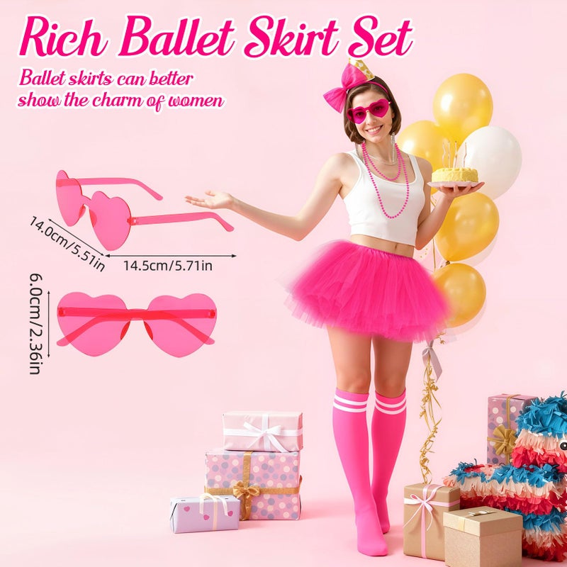 ZhouBoat 5Pcs Hot Pink Tutu Costume Accessories Set for Women with 5 Layered Tulle Skirt Headband Heart Glasses Socks Necklace Cosplay Costume for Dance Halloween Party (Pink) - Image 4