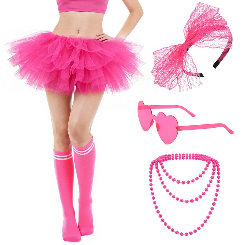 ZhouBoat 5Pcs Hot Pink Tutu Costume Accessories Set for Women with 5 Layered Tulle Skirt Headband Heart Glasses Socks Necklace Cosplay Costume for Dance Halloween Party (Pink) - Image 1