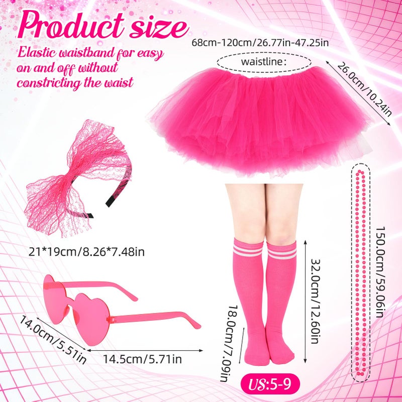 ZhouBoat 5Pcs Hot Pink Tutu Costume Accessories Set for Women with 5 Layered Tulle Skirt Headband Heart Glasses Socks Necklace Cosplay Costume for Dance Halloween Party (Pink) - Image 2