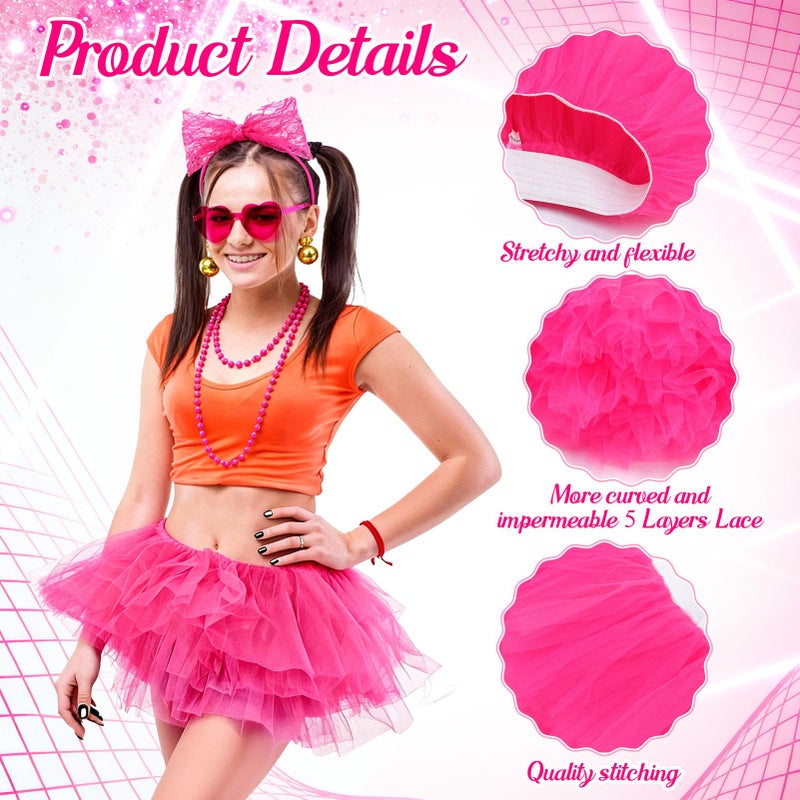 ZhouBoat 5Pcs Hot Pink Tutu Costume Accessories Set for Women with 5 Layered Tulle Skirt Headband Heart Glasses Socks Necklace Cosplay Costume for Dance Halloween Party (Pink) - Image 3