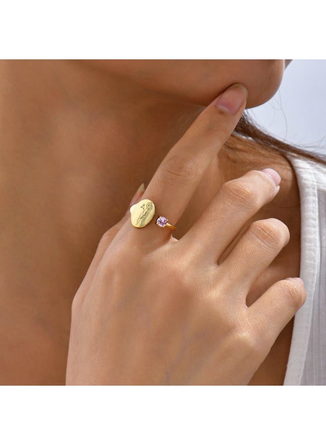 SLOONG Handmade Birth Month Flower Signet Ring 14K Gold Plated Ring Birth Stone Ring Birthday Valentine's Christmas Gift for Mom Daughter Girlfriend Wife, Adjustable, Metal, Agate - Image 3