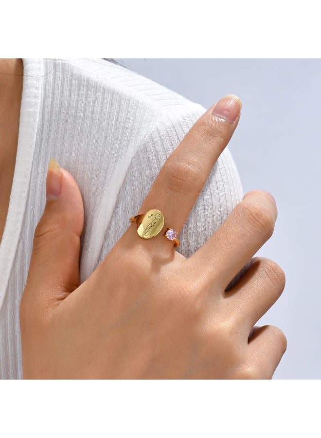 SLOONG Handmade Birth Month Flower Signet Ring 14K Gold Plated Ring Birth Stone Ring Birthday Valentine's Christmas Gift for Mom Daughter Girlfriend Wife, Adjustable, Metal, Agate - Image 2