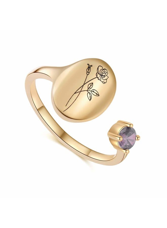 SLOONG Handmade Birth Month Flower Signet Ring 14K Gold Plated Ring Birth Stone Ring Birthday Valentine's Christmas Gift for Mom Daughter Girlfriend Wife, Adjustable, Metal, Agate - Image 1