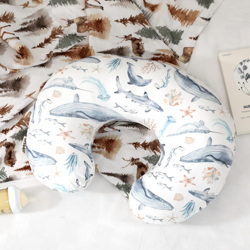 GRSSDER Nursing Pillow Cover Stretchy Minky Removable Nursing Covers for Breastfeeding Pillows, Ultra Soft Comfortable Slipcover for Girls and Boys, Whale Sea World Pattern - Image 3