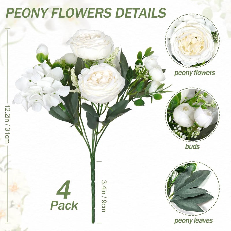 SOMYTING 4 Bundles Peony Artificial Flowers White Peony Bouquet Artificial Flowers Silk Peony Bouquets for Wedding Party Table Centrepieces Flower Arrangement Home Decor (White) - Image 2