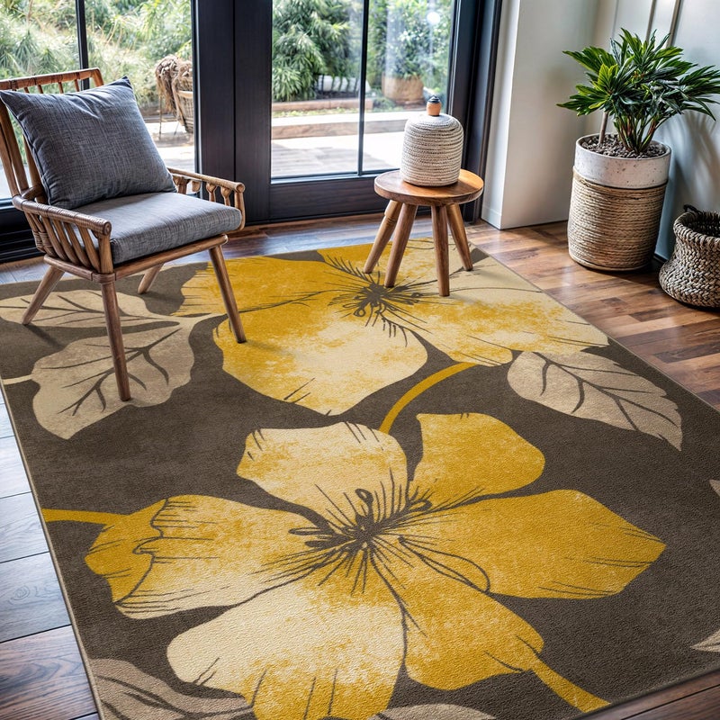 CAMILSON Solana Modern Floral 5x7 Area Rugs Non-Skid (Non-Slip) Rubber Backing Yellow - Brown Flowers Indoor Rug (5 x 7, Yellow Brown) - Image 1