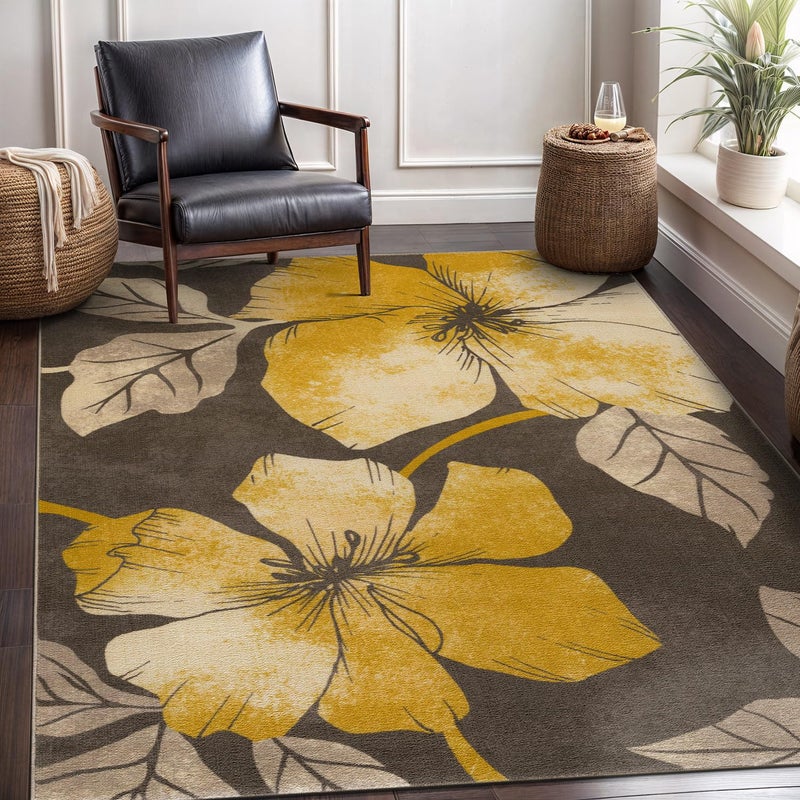 CAMILSON Solana Modern Floral 5x7 Area Rugs Non-Skid (Non-Slip) Rubber Backing Yellow - Brown Flowers Indoor Rug (5 x 7, Yellow Brown) - Image 4