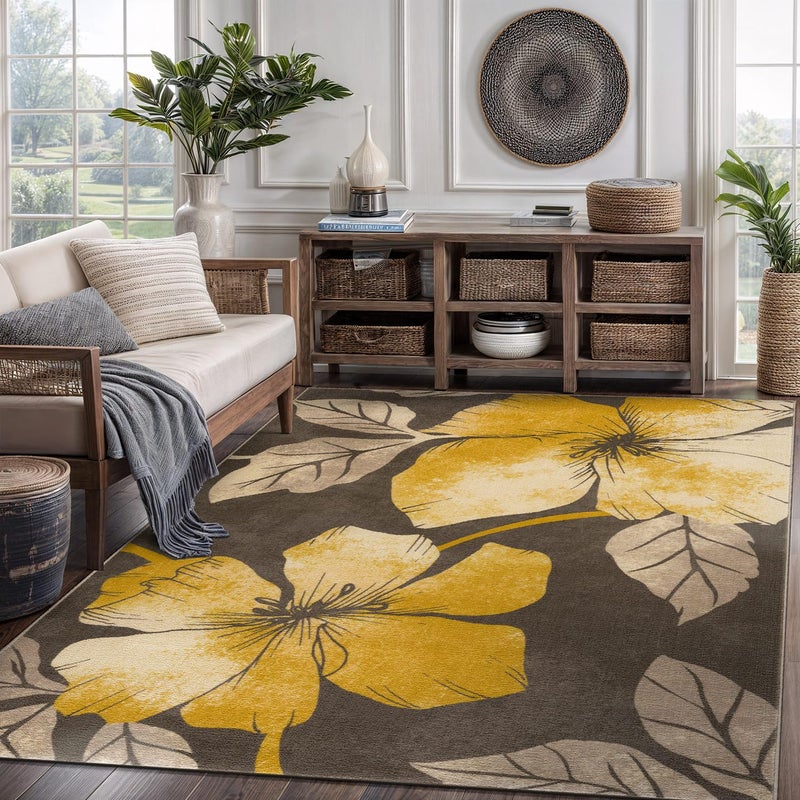 CAMILSON Solana Modern Floral 5x7 Area Rugs Non-Skid (Non-Slip) Rubber Backing Yellow - Brown Flowers Indoor Rug (5 x 7, Yellow Brown) - Image 5