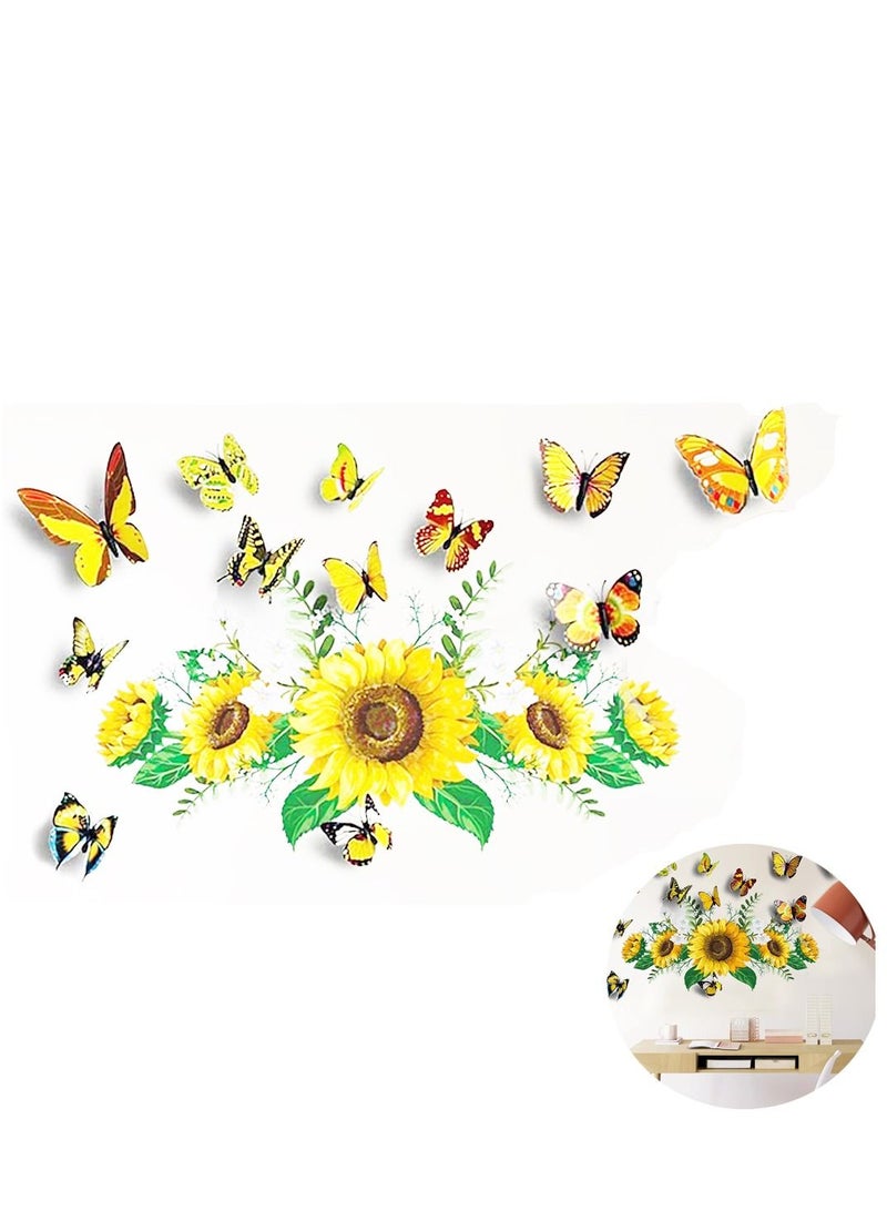SYOSI 3D Wall Stickers Sunflower Butterfly Wall Decal Waterproof Removable for Kids Bedroom Living Room Bathroom Art Decor Home Decoration Indoor Outdoor 13PCS - Image 1