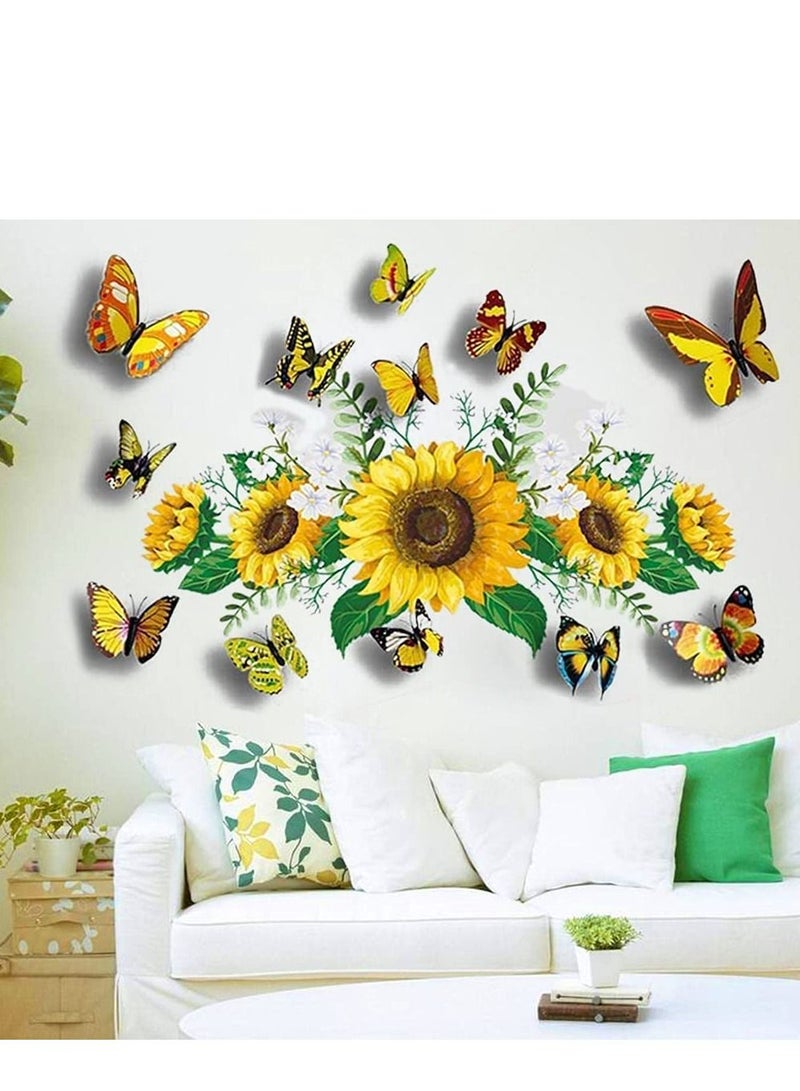 SYOSI 3D Wall Stickers Sunflower Butterfly Wall Decal Waterproof Removable for Kids Bedroom Living Room Bathroom Art Decor Home Decoration Indoor Outdoor 13PCS - Image 2