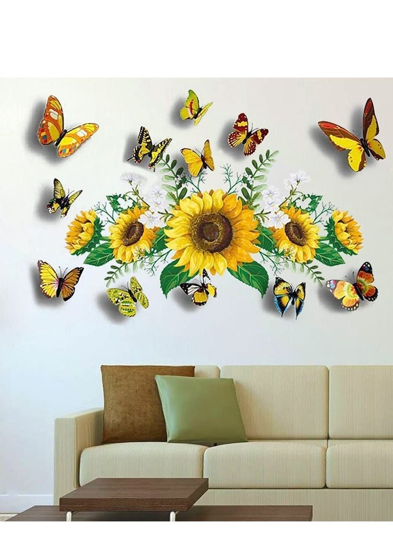 SYOSI 3D Wall Stickers Sunflower Butterfly Wall Decal Waterproof Removable for Kids Bedroom Living Room Bathroom Art Decor Home Decoration Indoor Outdoor 13PCS - Image 3