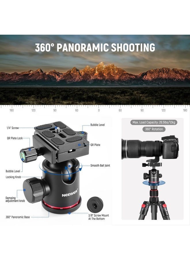 Neewer 66"/168cm Carbon Fiber Tripod for Camera with 360° Panorama Ball Head, 1/4" Arca QR Plate, Portable Bag, Compact Travel Tripod Monopod for DSLR Video Camcorder, Max Load 26.5lb/12kg, N55C - Image 4